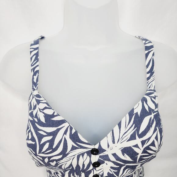 Haute Monde Blue & White Tropical Leaf Print V Neck Women's Crop Top Large - Picture 3 of 10